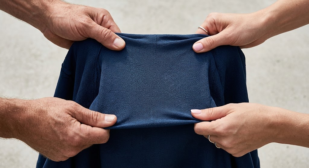 4-way stretch fabric elasticity demonstration — hands pulling stretch fabric to show flexibility