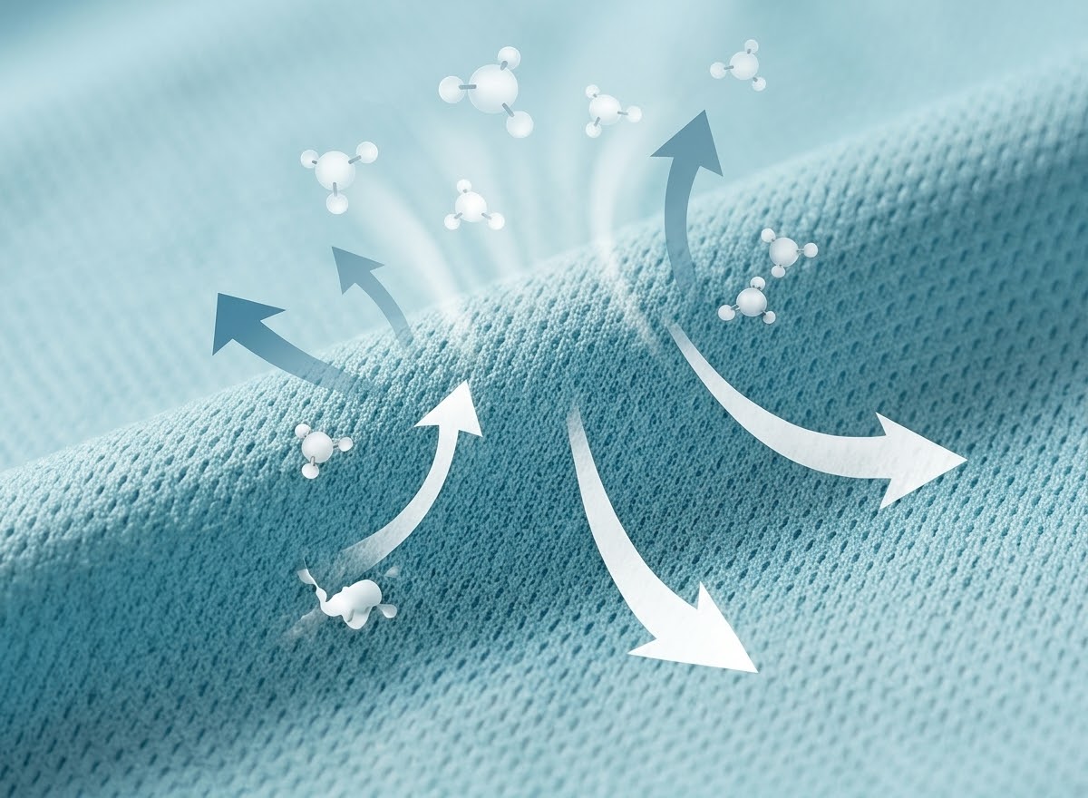 A macro close-up photograph showcasing the complex, high-performance blue mesh sports fabric texture, interwoven with stylized blue arrows and abstract evaporation icons. This image illustrates the fabric's advanced technology for superior breathability, moisture-wicking, and quick-dry performance, making it ideal for high-impact athletic apparel and activewear products