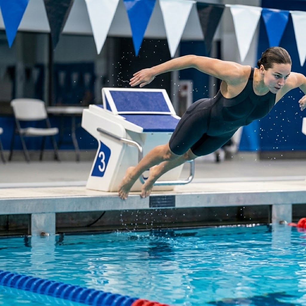 Female swimmer diving off a starting block (number 3) into a swimming pool during a competitive swim meet in an indoor aquatic center, wearing a black racing swimsuit.