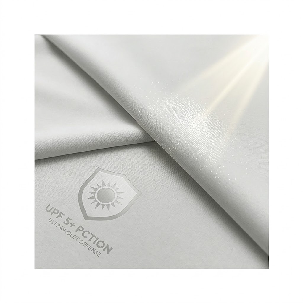 A high-resolution close-up photograph of premium white technical performance fabric featuring advanced UPF 5+ protection and ultraviolet defense. The image shows a detailed weave with an etched shield and sun logo, a focused sunbeam, and a shimmering, reflective protective zone on the surface.
