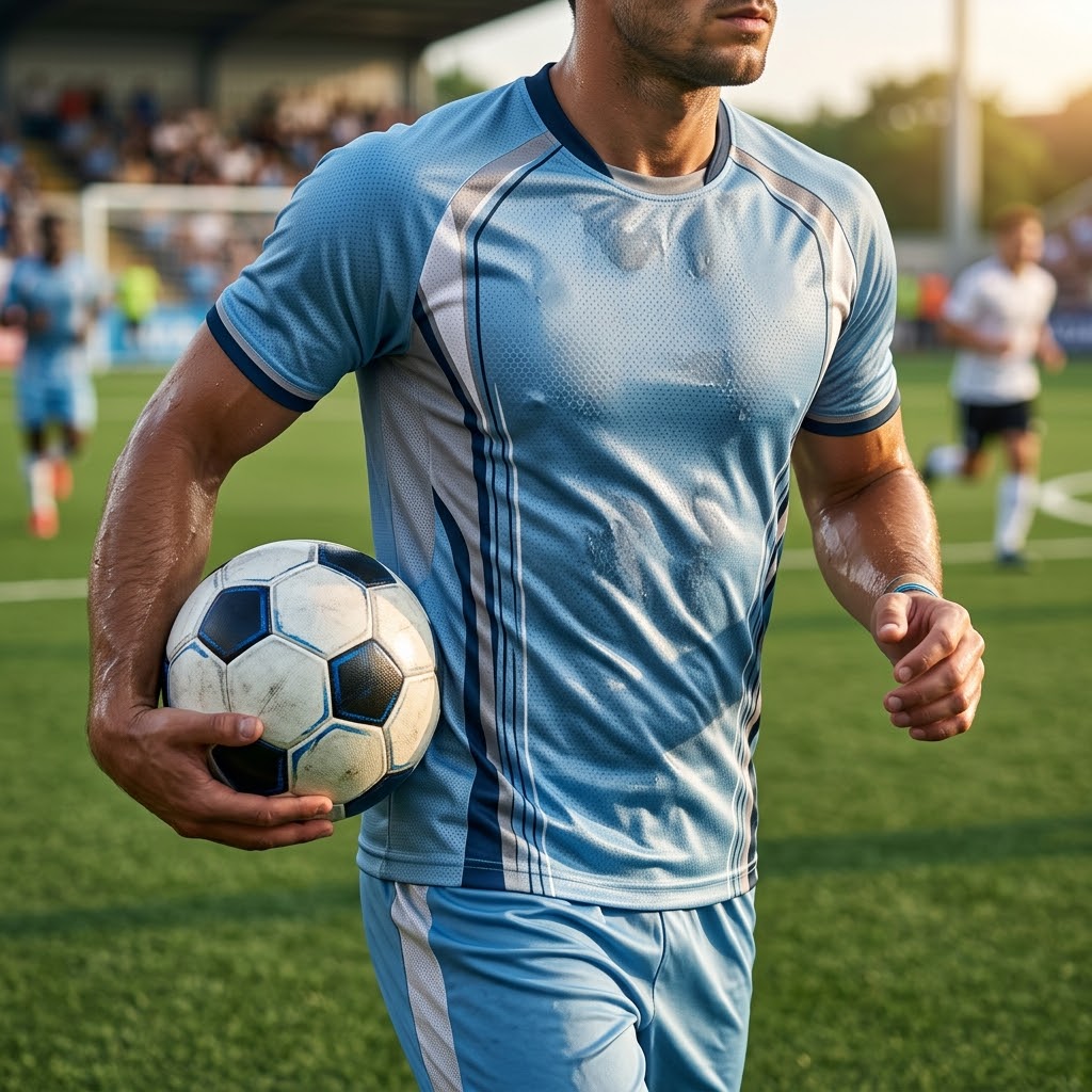 A close-up photograph of a male athlete, shown from the neck to the waist, holding a soccer ball while on a grass football pitch. He is wearing a tight-fitting, light blue short-sleeved sportswear jersey with white panels on the sides and darker blue and white diagonal lines on the torso. The jersey is visibly wet with sweat on the chest and arms. Other players and a stadium background are visible but out of focus.