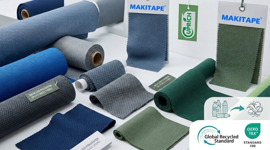An assortment of recycled polyester sportswear fabric samples and rolls in various shades of blue, green, and grey. The image features "MAKITAPE" brand swatches, an "UPRICH" eco-tag, and a graphic illustrating the conversion of plastic bottles into textile fiber. In the bottom right corner, the Global Recycled Standard and OEKO-TEX Standard 100 logos are displayed to highlight the material's sustainable and safety certifications.