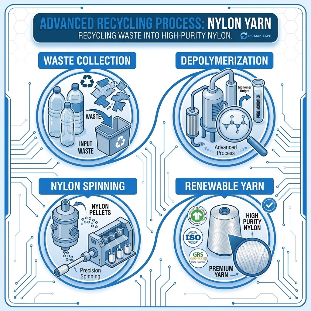 An infographic diagram titled 'Advanced Recycling Process: Nylon Yarn' with the tagline 'Recycling waste into high-purity nylon.' The process is visualized in a four-stage circular flow: Top-left 'Waste Collection' shows plastic bottles and textiles moving into a bin. Top-right 'Depolymerization' illustrates chemical equipment breaking waste down into 'Pure Monomer' with a molecular view. Bottom-left 'Nylon Spinning' shows 'Nylon Pellets' transformed into drawn fibers by a 'Precision Spinning' machine. Bottom-right 'Renewable Yarn' displays a finished yarn cone with a high-magnification weave texture labeled 'Premium Yarn' and surrounding ISO, GRS, and OKO-TEX certification logos.