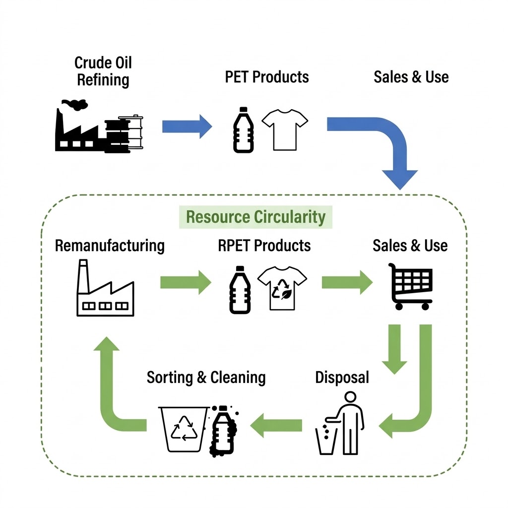 A detailed infographic diagram illustrating the complete life cycle of PET plastic and its recycled form, rPET. This closed-loop process covers crude oil refining to create initial PET products (bottles and clothing), sales, and a dedicated resource circularity path involving disposal, sorting, cleaning, and remanufacturing into new sustainable rPET products.