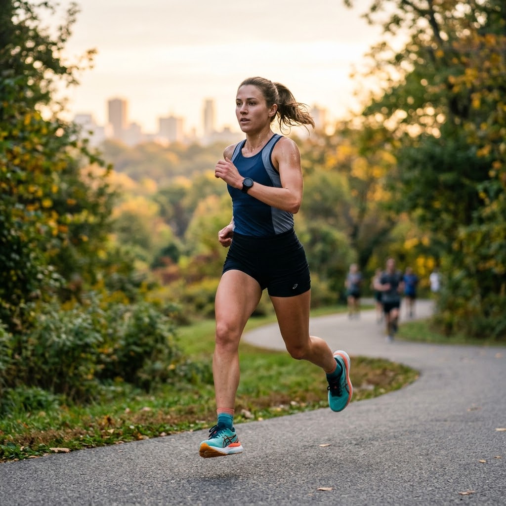A female athlete running on a park trail at sunset, wearing high-performance moisture-wicking running apparel. The image highlights the breathable, lightweight, and stretchable fabric suitable for high-intensity cardio and outdoor workouts.