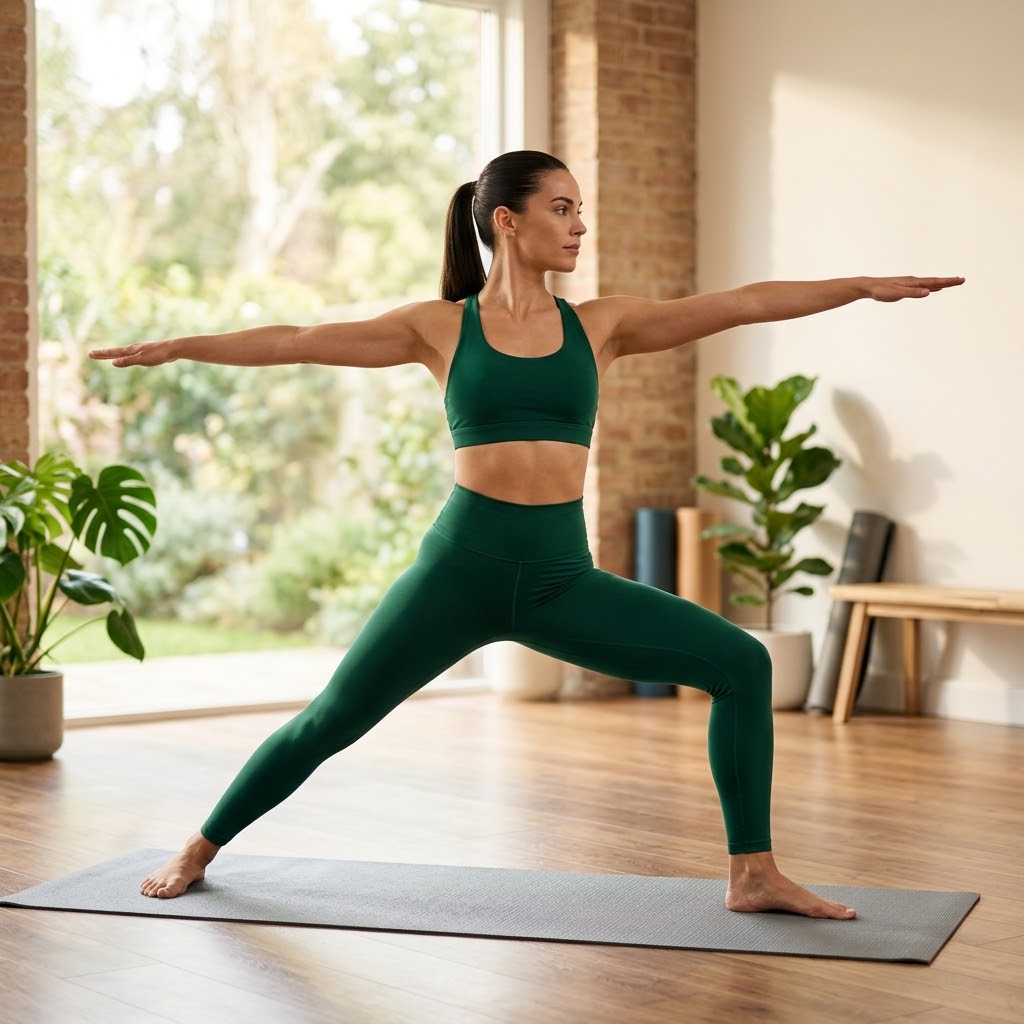 A fit woman in a dark green sports bra and matching high-waisted leggings holds the Warrior II yoga pose on a grey mat. She is in a naturally lit home gym with wooden floors, large windows, brick accents, and potted plants in the background.