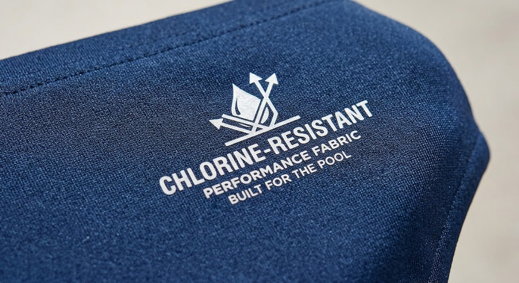 A close-up photograph of a deep navy blue, textured fabric, designed for swimwear, featuring a crisp white performance logo. The logo prominently displays the text 'CHLORINE-RESISTANT' in large letters, with a stylized icon above it depicting water droplets being deflected by arrows. Below the main text, smaller print reads 'PERFORMANCE FABRIC' and 'BUILT FOR THE POOL.' The fabric shows its tight, durable knit structure, and visible stitching suggests a finished garment or swatch. The logo is clearly legible against the fabric, emphasizing the material's durable and specialized design for pool use.