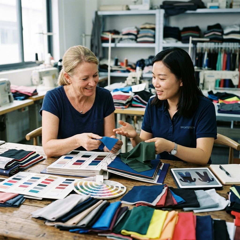 A photograph captures a Caucasian female client, with blonde hair tied back, smiling and holding a blue, textured performance fabric swatch while discussing it with a Chinese female staff member. The staff member, wearing a navy blue polo shirt with 'SPORTSTECH' subtly embroidered, gestures with her hand as she holds a green fabric sample. They are seated at a wooden table in a well-lit textile studio or workshop, surrounded by dozens of colorful fabric swatches, open swatch books, design tools, and a color wheel. In the background, shelves are stocked with textiles and equipment.