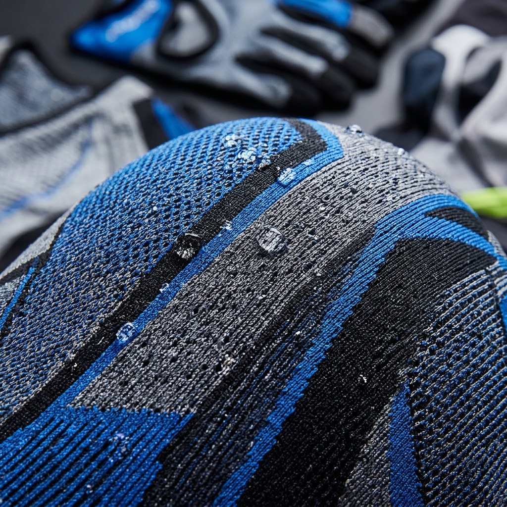 A close-up photograph showcasing the intricate, textured knit pattern of performance sportswear fabric in blue, grey, and black. Multiple clear water droplets are visible, beading up on the material's surface, demonstrating its moisture-wicking and water-repellent properties. The background shows blurred details of athletic gloves and other gear.