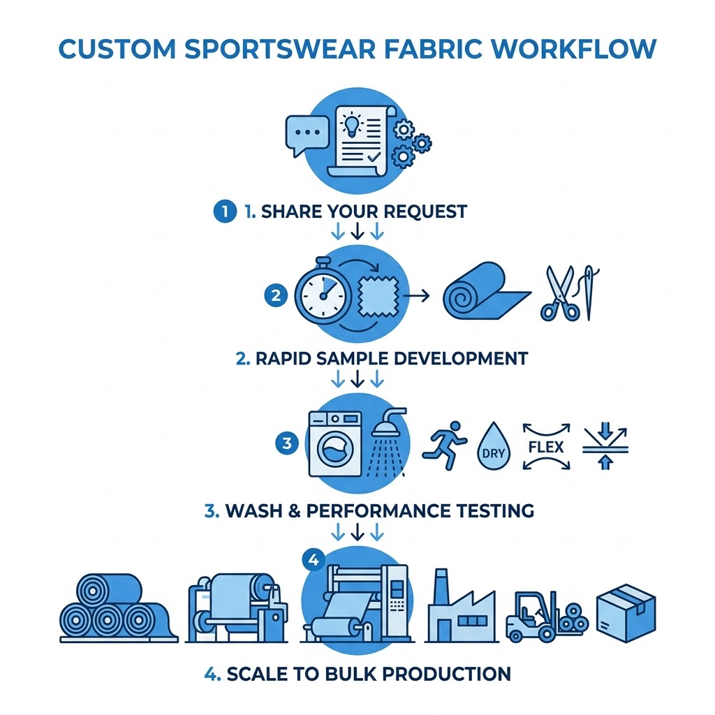 A four-step infographic illustrating the professional custom sportswear fabric workflow, set against a clean white background with blue text and icon graphics. STEP 1: SHARE YOUR REQUEST. Shown with speech bubble icons, a requirements document with gears, indicating the gathering of project specifications. STEP 2: RAPID SAMPLE DEVELOPMENT. Features a stopwatch and fabric swatches, followed by an arrow pointing to a fabric roll and sewing shears, showing the sample creation phase. STEP 3: WASH & PERFORMANCE TESTING. Displays a washing machine and shower spray icon, next to symbols representing testing attributes like athletic activity (runner), breathability (DRY droplet), and material flexibility (FLEX arrows). STEP 4: SCALE TO BULK PRODUCTION. Illustrates a textile manufacturing machine processing a long sheet of fabric, surrounded by icons for the factory facility, a forklift moving fabric rolls, and a packaged box, symbolizing final mass production.