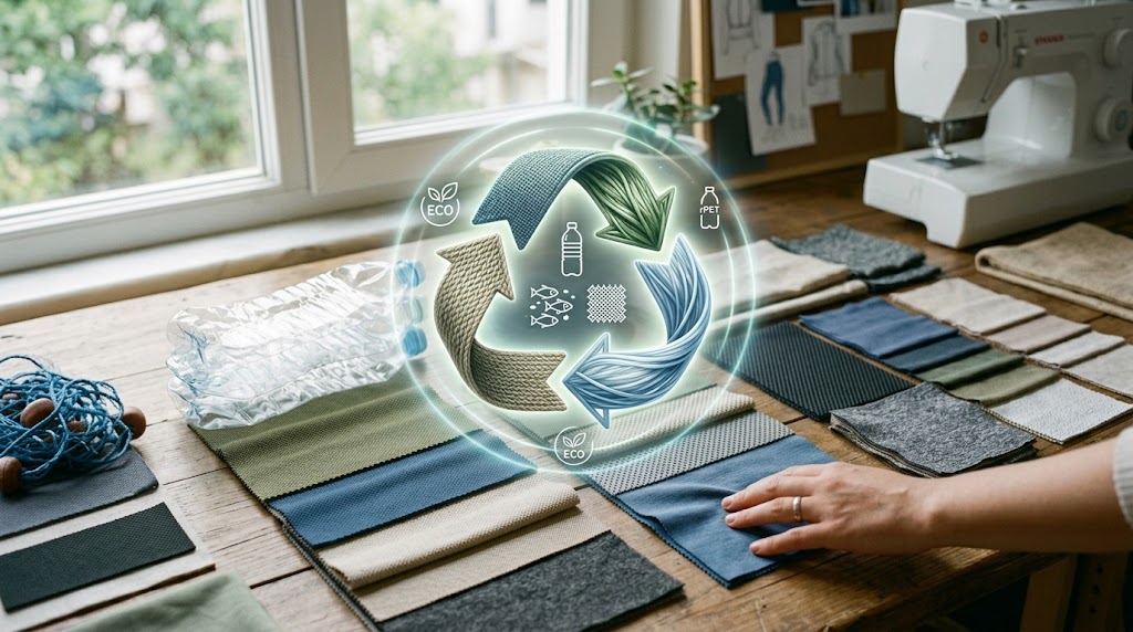 A close-up photograph of a sunlit wooden workshop table in Türkiye, covered in varied, high-performance activewear fabric samples (recycled polyester, knits, meshes, fleeces) arranged in grid formations. The focus is a central, luminous, glowing circular recycling graphic made of three stylized fabric-textured arrows in blue, green, and beige, circling icons for plastic bottles, fish (Econyl), and fabric scraps. This loop connects the input of plastic bottles and fishing net on the left to the output of diverse fabrics on the right. Small 'ECO' and 'rPET' icons are embedded in the ring. A textile designer’s hand, wearing a subtle ring, is in the foreground, pointing from a central fabric swatch towards the recycling graphic. The background shows a corkboard with design sketches, a sewing machine, and a large window, all integrated into a circular, glowing composition. No external text is on the image, and the embedded icons are distinct and not large text. The lighting is soft and directional, making the graphic stand out.