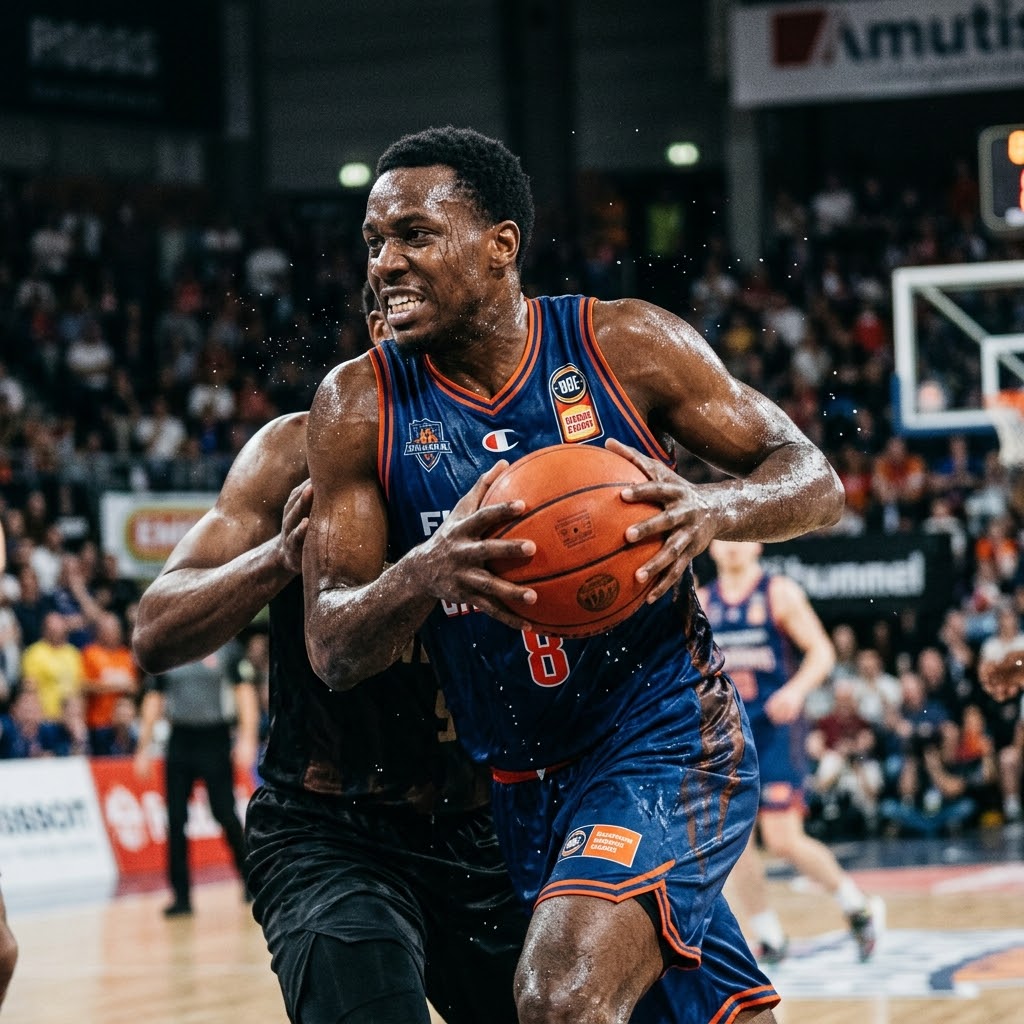 A high-action sports photograph of a basketball player intensely driving toward the hoop. Visible sweat spray flies from his body, highlighting the physical exertion and the need for breathable, moisture-wicking performance gear. He is tightly guarding the ball against a defender in a crowded, blurred professional arena.