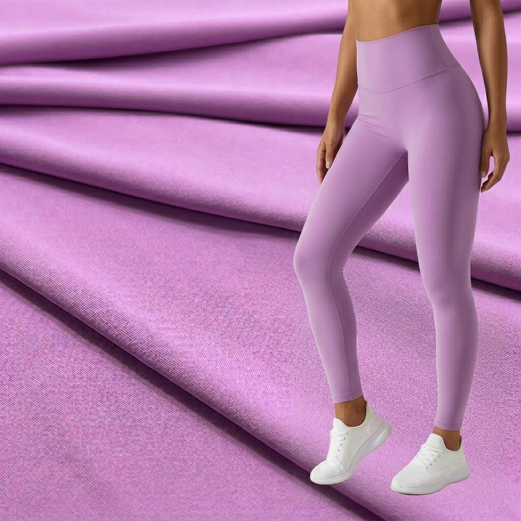 A combined image showing a close-up of folded lavender purple performance fabric texture on the left, and a model on the right wearing high-waisted leggings and white sneakers in the matching lavender purple color. The scene is a product showcase against a blurred background.