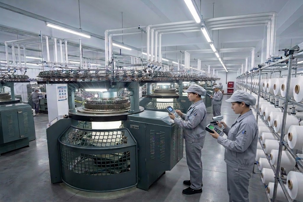Inside a modern, highly-organized textile factory: two female operators wearing gray uniforms and caps stand in front of large circular knitting machines, using handheld electronic devices to monitor the production of high-performance athletic fabrics. Cones of yarn are visible on racks in the background.