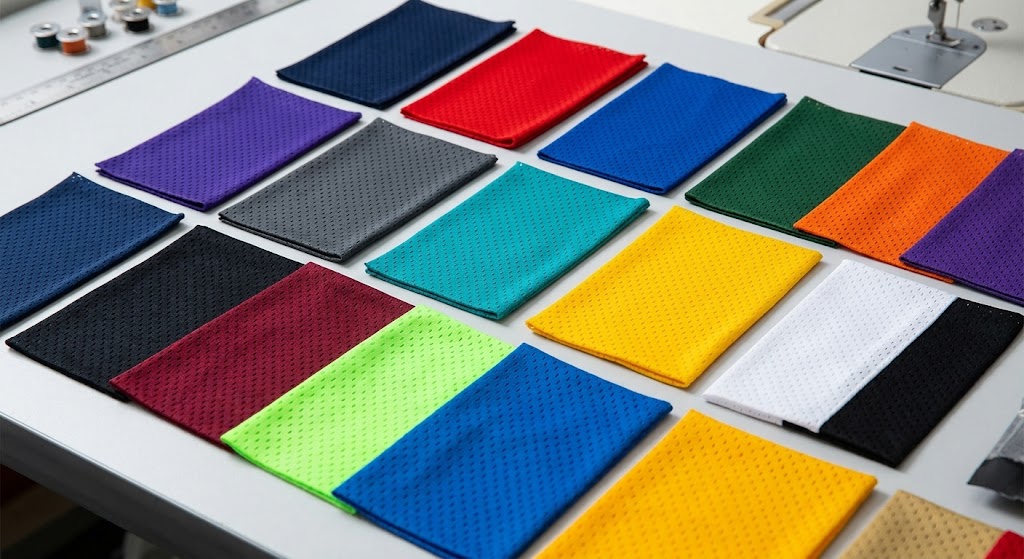 A close-up photograph displays a collection of neatly folded, brightly colored technical mesh fabric samples arranged on a grey workshop table. Multiple rows of rectangular fabric swatches in various colors like royal blue, navy, red, green, black, yellow, teal, maroon, lime green, and more are visible. A partial view of a sewing machine and spools of thread are in the background. The texture of the mesh fabric, suitable for basketball jerseys, is clearly visible.