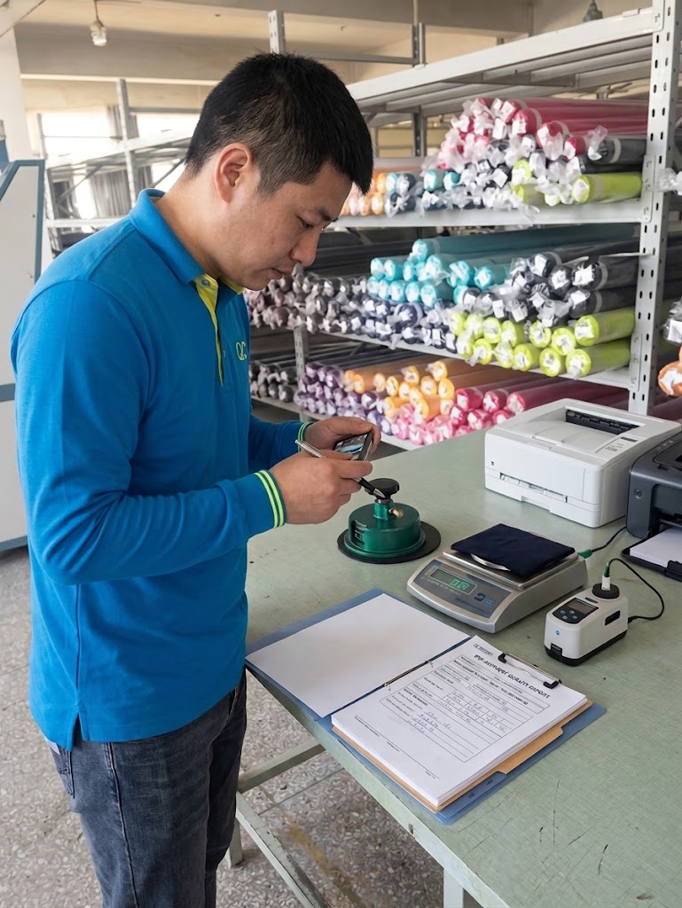 A Chinese male QC inspector in a blue polo shirt stands at a laboratory desk in a textile warehouse. He is documenting test results on a clipboard next to a digital scale and a fabric circular sample cutter. The background features shelves stocked with colorful fabric rolls.