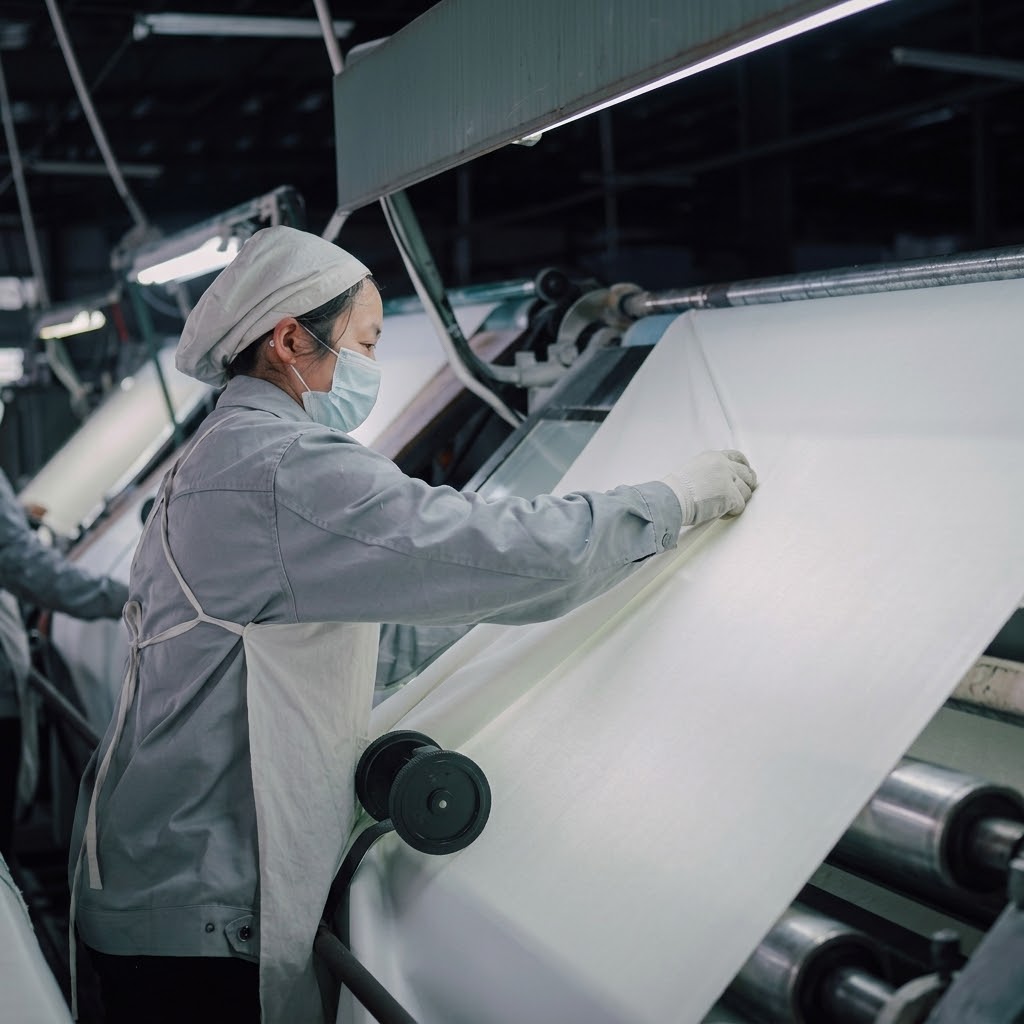 A medium shot photo of a female worker with a light grey uniform and white face mask inspects a roll of white fabric with a glove on the machinery in a dimly lit textile factory in Turkey. She stands in front of a textile inspection machine and uses her right hand with a glove to hold the fabric roll on the right. She has black short hair covered by a light grey hair cover, and a white face mask covers her mouth and nose. The background shows complex industrial machinery including rollers and tubes. There is another worker wearing a grey uniform on the left side, slightly blurred. The factory has bright fluorescent lights on the ceiling.