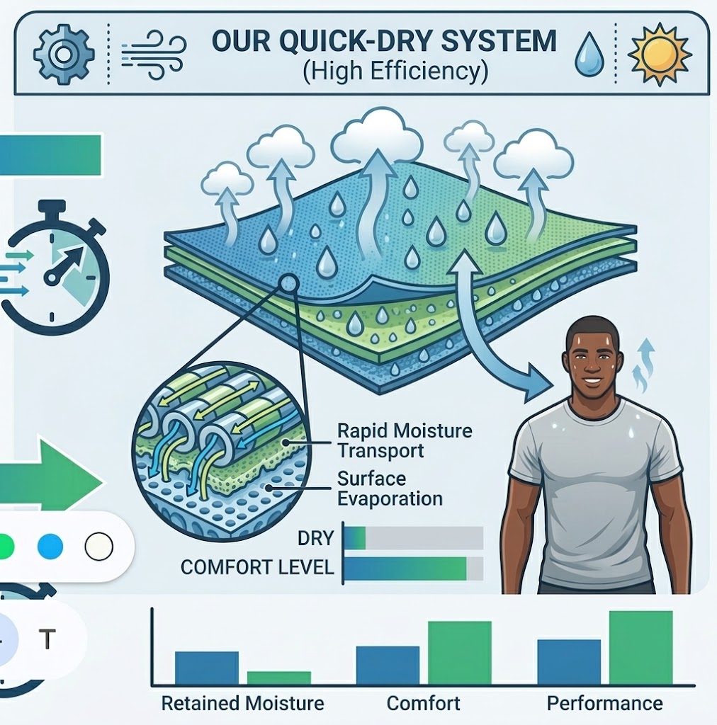 The graphic depicts the "Super-Dry System," a high-tech fabric technology designed for efficient moisture management. It shows water droplets being absorbed from the body (represented by a man wearing a shirt) and moving through multi-layered fabric where they are quickly evaporated, keeping the wearer dry. Detailed illustrations show the moisture transport within the fabric structure and the positive impact on the wearer's comfort and performance, which is also supported by graphs comparing "Retained Moisture," "Comfort," and "Performance" of the Super-Dry fabric versus standard fabrics.
