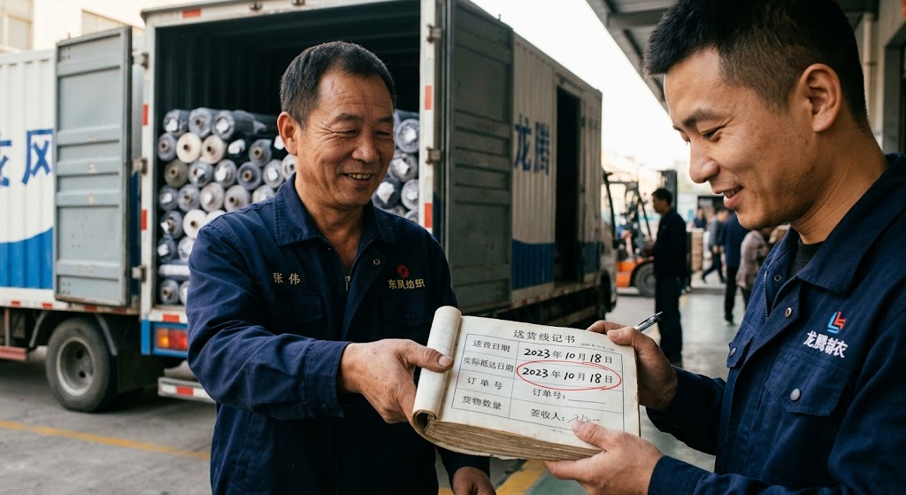 Gemini said A documentary-style close-up photograph capturing a hand-off at a clothing factory's receiving dock. Focus is on two smiling Chinese men, one a older truck driver and one a younger warehouse supervisor. Both are wearing blue work jackets with Chinese logos. The driver holds an open hand-written Chinese logbook while the supervisor accepts it, a pen in his hand, looking content. Clear red red-circled dates,