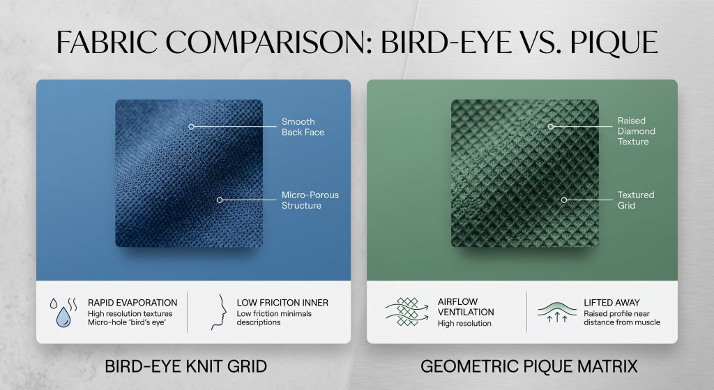 Comparison of bird-eye knit and pique fabric structures, showcasing minimalist technical texture for sports apparel.