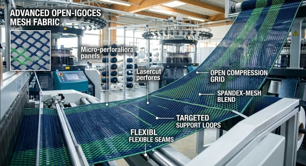 Technical spandex mesh blend fabric showing open ventilation grid and elastic compression structure for sportswear.