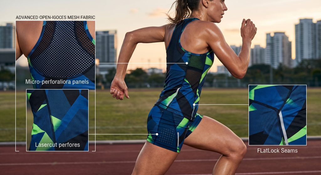 Premium blue mesh fabric roll for high-performance activewear, showcasing breathable knit structure and athletic textile manufacturing.