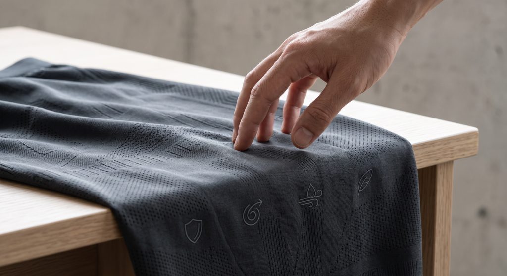 Close-up photograph illustrating a hand touching a dark grey, durable nylon sports fabric. Integrated graphic icons symbolize abrasion resistance, elasticity, windproof, and quick-dry features on a minimalistic wooden table background.