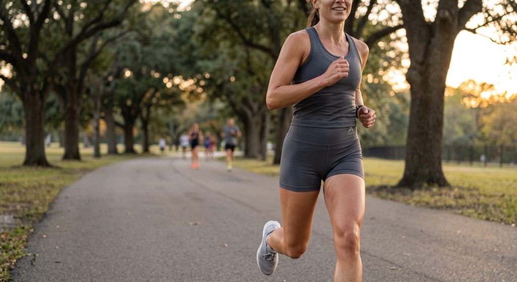 A female runner in motion wearing smooth grey athletic shorts that prevent chafing, illustrating low-friction sports fabric.