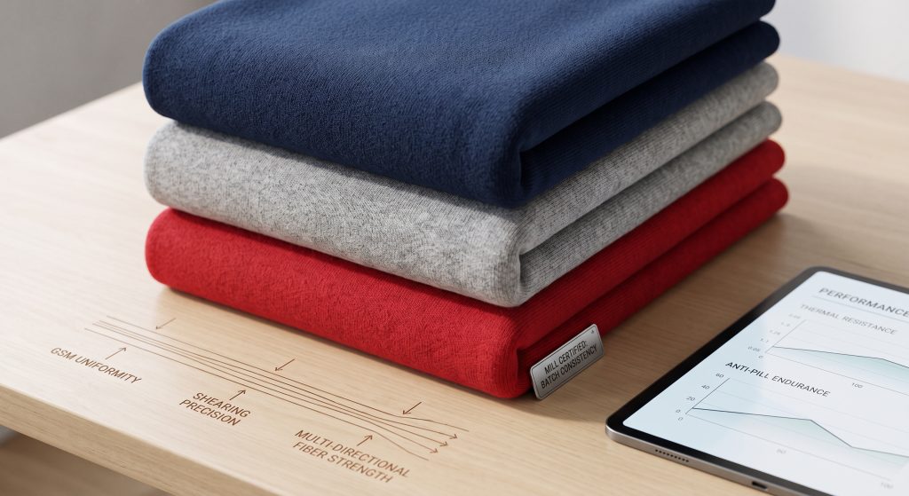 A minimalistic photograph displaying high-quality, anti-pill sports team fleece fabric swatches stacked in navy blue, grey, and red. Integrated graphics illustrate 'BRUSHING CONSISTENCY' and 'SHEARING PRECISION' performance metrics, emphasizing uniform technical quality for bulk orders. Natural daylight highlights the detailed textile textures.