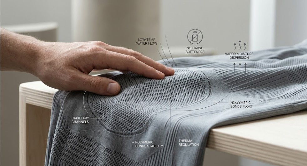 A close-up photograph of high-performance grey activewear fabric. Integrated within the technical knit structure are minimalist graphic icons and thin lines illustrating care processes: fine arrows show 'LOW-TEMP WATER FLOW' through the textile, a crossed-out chemical bottle denotes 'NO HARSH SOFTENERS', and small upward arrows indicate 'VAPOR MOISTURE DISPERSION'. Labeled text like 'CAPILLARY CHANNELS', 'POLYMERIC BONDS STABILITY', and 'THERMAL REGULATION' are seamlessly woven into the design.