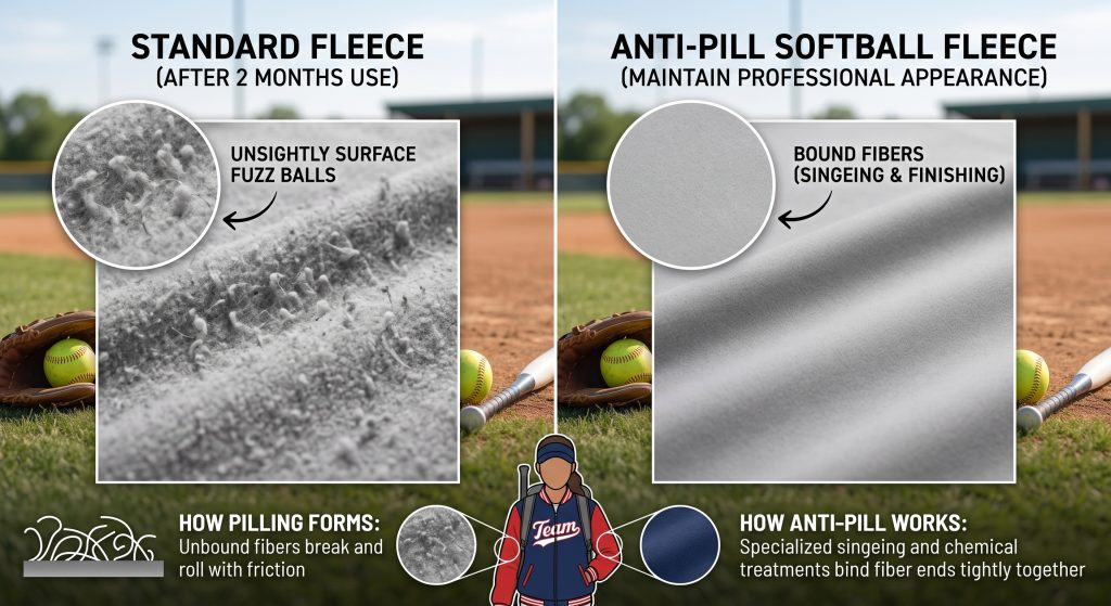 A split-screen macro photograph comparing cheap standard fleece with extensive fuzz pilling after use on the left, against smooth premium anti-pill softball fleece fabric on the right, showcasing technical diagrams of how pilling forms and how the treatment works, set on a softball field background.