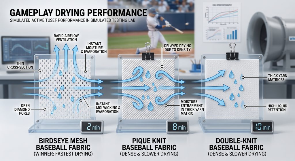 A photorealistic technical comparison diagram illustrating Which baseball fabric dries faster during gameplay. The diagram compares three fabric swatches: 'BIRDSEYE MESH BASEBALL FABRIC (WINNER: FASTEST DRYING)', showing rapid drying from its 'THIN CROSS-SECTION' and 'OPEN DIAMOND PORES' with a low digital timer reading of 2 minutes and strong airflow arrows callouts labeled 'RAPID AIRFLOW VENTILATION' and 'INSTANT MOISTURE WICKING & EVAPORATION' callout labeled 'from fine synthetic filaments'. Contrast is shown with 'PIQUE KNIT' callout labeled 'retards moisture, delaying drying' callout labeled 'thick matrix' and 'DOUBLE-KNIT' callout labeled 'retards moisture, delaying drying' callout labeled 'thick matrix' fabrics, which feature higher digital timer readings callout labeled 'e.g., 8 minutes and 10 minutes' callout labeled 'and retained sweat droplets' callout labeled 'requiring additional time and air velocity'. Inset diagrams callout labeled 'visualize thick yarn matrices' and 'trapped moisture'. Blurred baseball players callout labeled 'in active motion' and callout labeled 'lab equipment' callout labeled 'form the background'.
