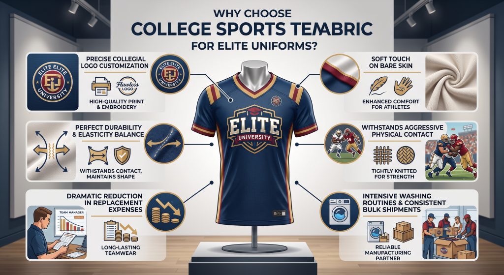 A modern infographic-style photo showing an elite university athletic uniform in the center. Six branches extend from the uniform, each explaining a benefit of choosing college sports team fabric. The benefits are Precise Collegial Logo Customization, Soft Touch on Bare Skin, Perfect Durability & Elasticity Balance, Withstands Aggressive Physical Contact, Dramatic Reduction in Replacement Expenses, and Intensive Washing Routines & Consistent Bulk Shipments. Each benefit has a text box, an icon, and a short description. The background is a modern exhibition wall.