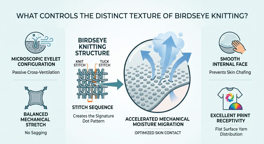 Technical infographic diagram illustrating birdseye knitting fabric structure, showing knit and tuck stitch sequences, and accelerated mechanical moisture migration