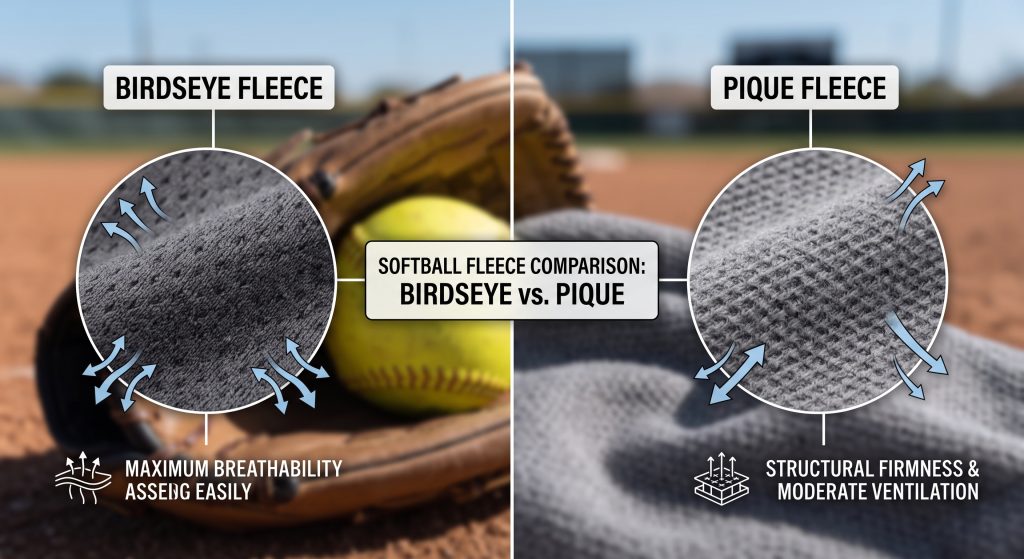 Macro comparison photograph of birdseye fleece with small diamond patterns and pique fleece with geometric waffle weave, side-by-side on softball gear.
