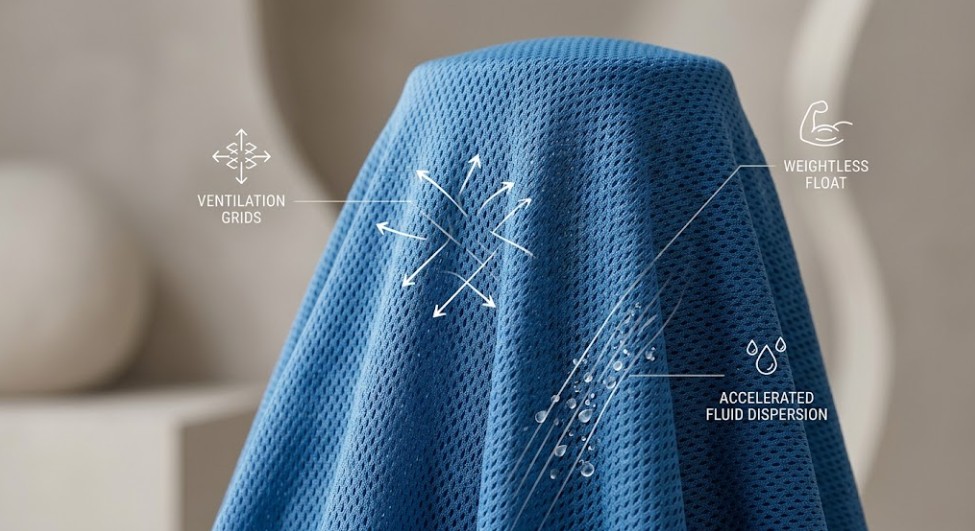 A realistic close-up photograph of blue high-performance birdseye mesh Activewear fabric, highlighting its intricate micro-diamond shaped loops and open geometric grid arrangement. Minimalist icons and white line-art graphics illustrate ventilation paths (labeled 'VENTILATION GRIDS') and accelerated moisture dispersion (labeled 'ACCELERATED FLUID DISPERSION'), demonstrating how the textile regulates heat and stays lightweight during exercise.