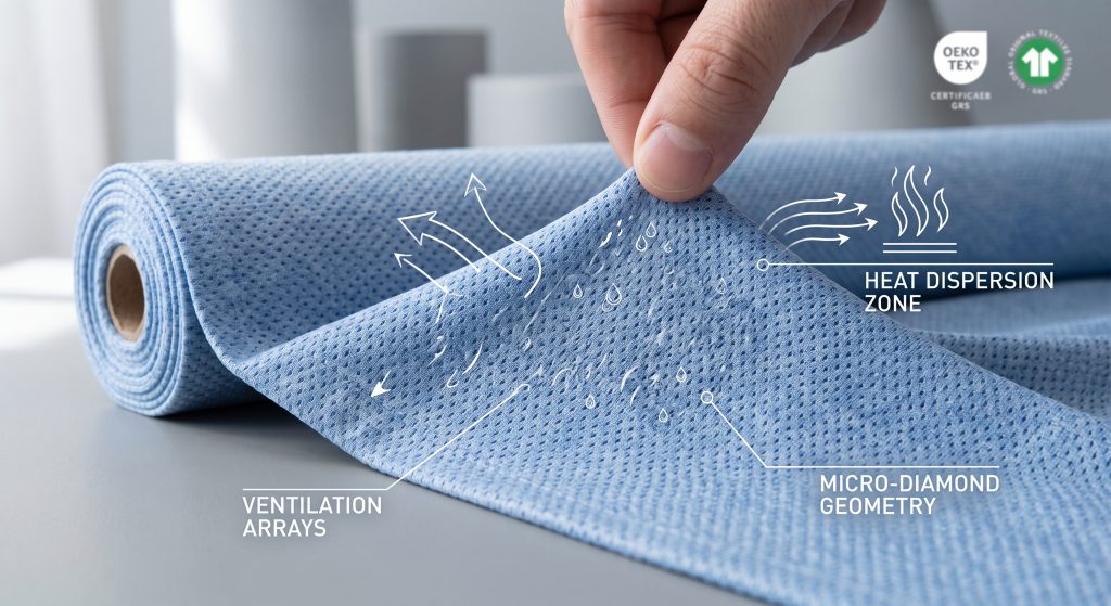 A realistic close-up photograph of high-performance blue birdseye mesh activewear fabric, highlighting its intricate micro-diamond shaped loops and engineered geometric grid. Minimalist white graphic overlays illustrate multi-directional stretch, ventilation pathways (labeled 'VENTILATION ARRAYS'), and rapid moisture dispersion (labeled 'ACCELERATED FLUID DISPERSION'), demonstrating the fabric's technical engineering.