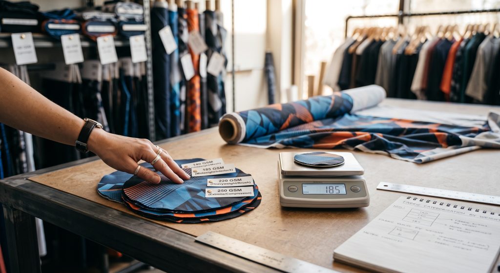 A photograph from inside a technical apparel design workshop shows a designer's hand touching swatches of patterned sports print fabric on a table, which is set with a digital scale and labeled GSM weights (140, 185, 220, 250) for different performance uses.