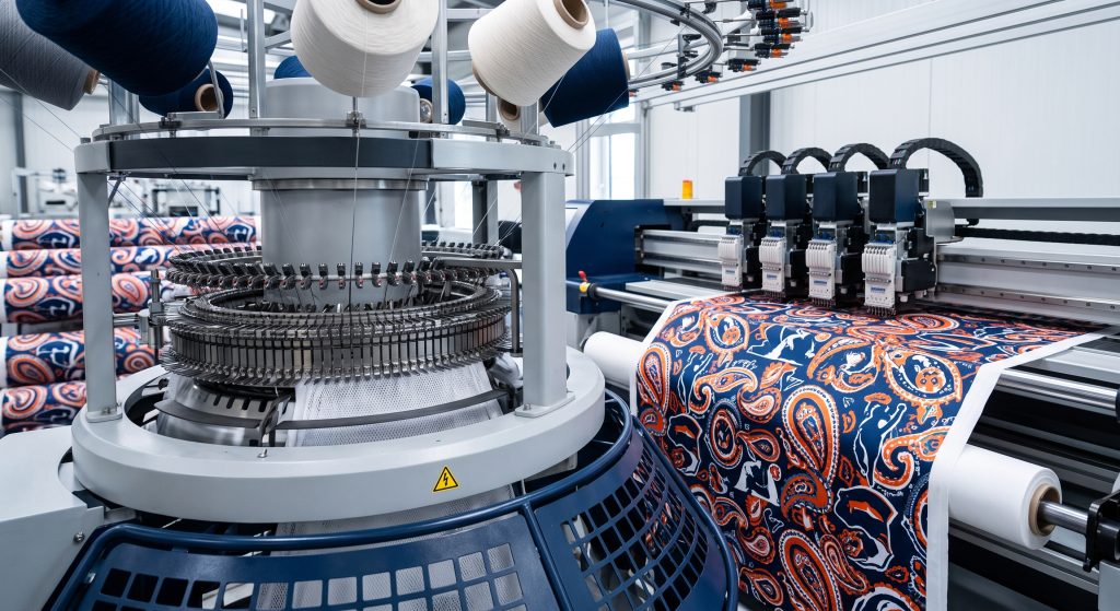 A close-up view of a precision circular knitting machine simultaneously knitting a functional sports mesh fabric base and applying high-resolution sublimation printing to create vibrant paisley sports team patterns.