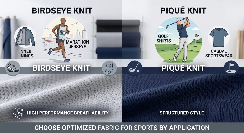 A split image comparison illustrating the use of Birdseye knit for marathon jerseys and inner linings on the left, and Pique knit for golf shirts and casual sportswear on the right, highlighting performance vs. structure.