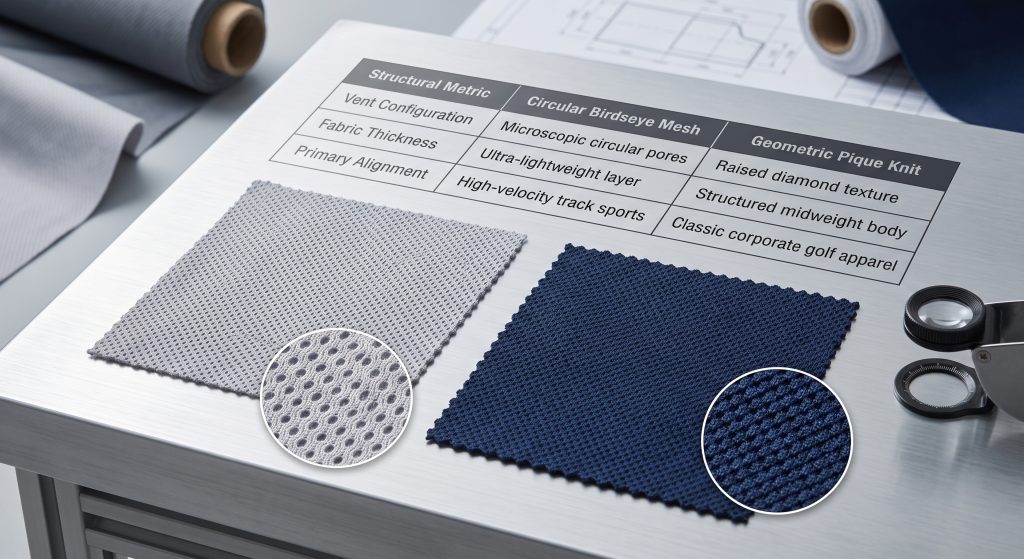 A technical close-up comparison in a textile lab showing Circular Birdseye Mesh with miniature circular pores on the left, and Geometric Pique Knit with raised diamond texture on the right. A data chart defines their metrics for airflow, thickness, and primary alignment in sports apparel manufacturing.