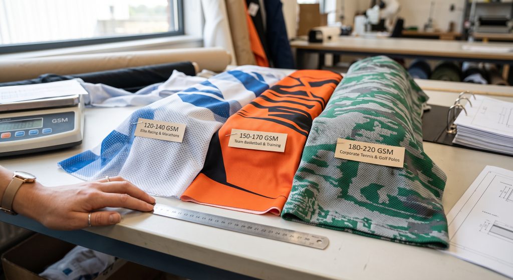 A photograph from inside a textile design workshop shows three distinctly patterned performance sports fabric swatches (left: 120-140 GSM for marathons; middle: 150-170 GSM for team sports; right: 180-220 GSM for golf polos) side-by-side on an industrial workbench with pinned labels, indicating varied density, texture, and technical weight for B2B activewear developers.