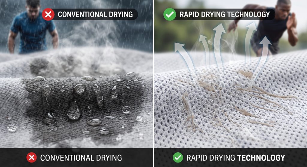 A side-by-side comparative visualization of how technical sports pattern fabric dries quickly. On the left, a macro view of traditional saturated cotton fabric, heavy with accumulated conceptual sweat droplets and labeled 'CONVENTIONAL DRYING'. On the right, a macro view of advanced wicking sports pattern fabric, labeled 'RAPID DRYING TECHNOLOGY', actively dispersing conceptual moisture across its large surface area and maximizing evaporation speed with conceptual vapor trails. A green checkmark confirms the efficient performance, illustrating rapid drying for athletic uniforms.