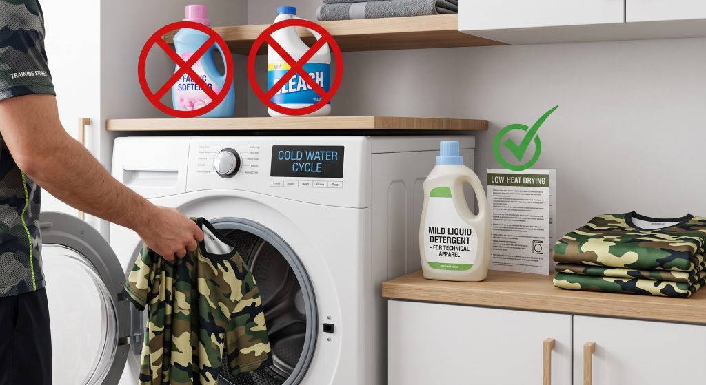 A photograph set in a modern laundry room showing how to wash high-performance camouflage sports uniforms. A person’s hand places a wicking polyester jersey into a front-loading washing machine displaying 'COLD WATER CYCLE'. Above on shelves, bottles of fabric softener and bleach are crossed out with red universal 'NO' icons. Beside the machine, a bottle of mild liquid detergent and a low-heat dryer icon are highlighted with green checkmarks. Clean, vibrant uniforms are visible.