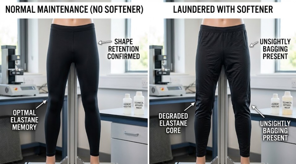 A professional side-by-side comparative photograph of identical black synthetic compression sports leggings displayed on two stretch testing rigs. The left panel, labeled "NORMAL MAINTENANCE (NO SOFTENER)," shows the fabric smooth and maintaining a tight, defined fit. The right panel, labeled "LAUNDERED WITH SOFTENER," shows the same leggings appearing visibly saggy and bagged out, particularly around the knees and hips, illustrating how fabric softener causes technical sports clothes to drop elasticity and lose shape. Text labels "OPTIMAL ELASTANE MEMORY" and "SHAPE RETENTION CONFIRMED" are on the left, vs. "DEGRADED ELASTANE CORE" and "UNSIGHTLY BAGGING PRESENT" on the right.