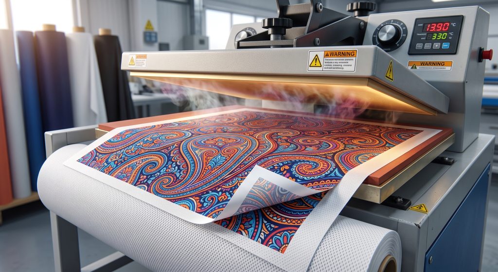 A close-up photograph of an industrial heat press in a textile factory, illustrating the dye sublimation process where vibrant, intricate paisley patterns are permanently fused into the fibers of synthetic polyester sports team fabric, ensuring durable and fade-resistant graphics.
