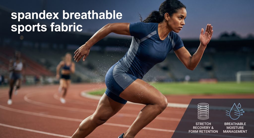 A dynamic action photograph of a professional athlete sprinting, showcasing the performance benefits of spandex breathable sports fabric with extreme stretch, moisture management, and form retention. Sweat is visibly evaporating, and an embedded infographic highlights stretch recovery.