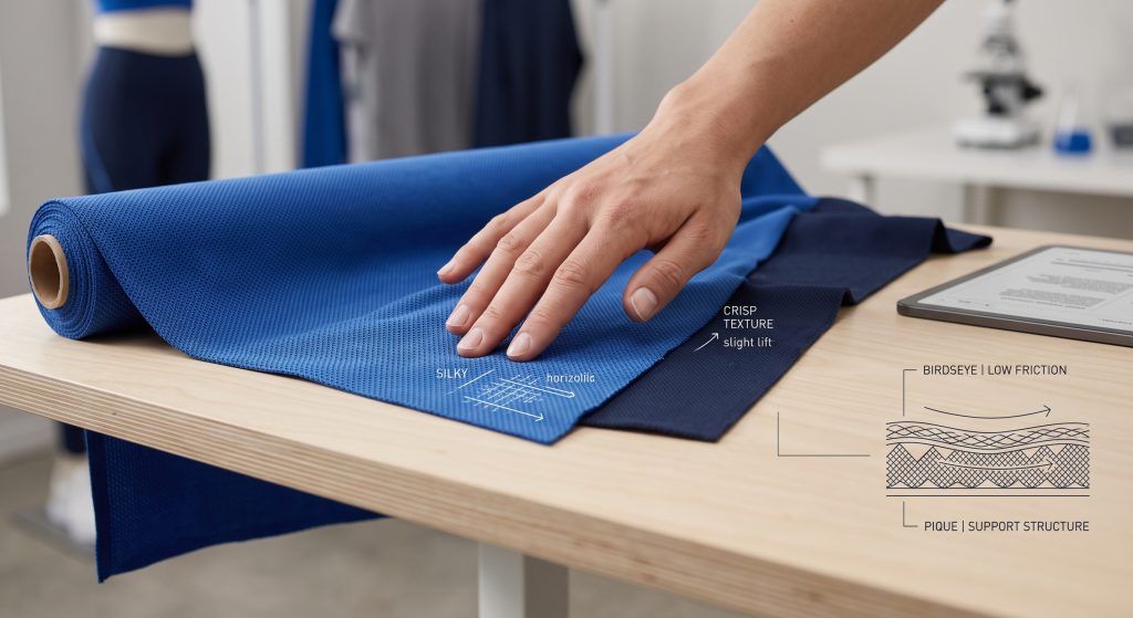 A minimalistic, close-up photograph illustrating a female athlete's hand gently touching a bright cobalt blue birdseye mesh sports wear fabric. The skin texture is realistic, highlighting technical micro-graphics woven into the fabric itself that denote 'SILKY' and 'LOW FRICTION' on the birdseye swatch. To the side, a roll of dark navy pique fabric is visible. A simple, integrated diagram on a tablet details micro-views of both knits with line-art labels: 'BIRDSEYE | FLOW' and 'PIQUE | SUPPORT STRUCTURE'. Natural daylight illuminates the tactile evaluation.