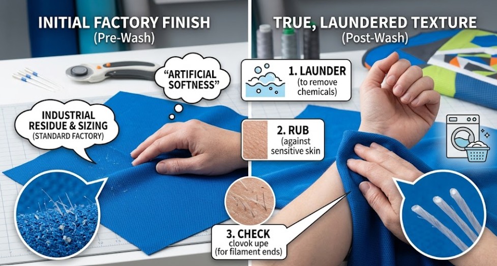 A split-panel graphic titled 'Initial Factory Finish (Pre-Wash)' vs. 'True Laundered Texture (Post-Wash).' The pre-wash side shows a hand on blue fabric with text for 'industrial residue,' 'sizing,' and 'artificial softness,' plus a magnified inset of sharp filaments. The post-wash side shows three steps: 1. Launder, 2. Rub, and 3. 'CHECK clovok upe (for filament ends).' Backgrounds include fabric bolts and sewing tools vs. a folded quilt. It illustrates why laundering is needed for quality control on technical fabrics.