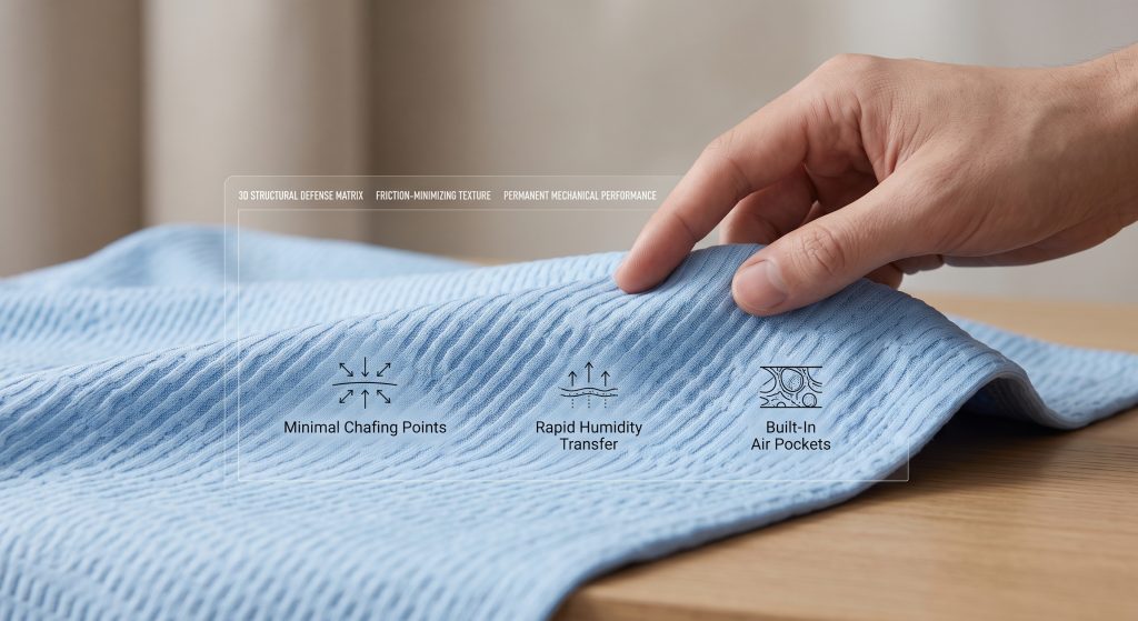 A minimalistic close-up photograph of light blue high-performance novelty sports fabric. Integrated graphic icons woven directly into the three-dimensional circular knit illustrate 'Minimal Chafing Points' with arrows demonstrating reduced skin contact, 'Rapid Humidity Transfer' with tiny upward arrows showing vapor dispersion, and 'Built-In Air Pockets' with a diagram visualizing structural gaps, highlighting the technical engineering against chafing.